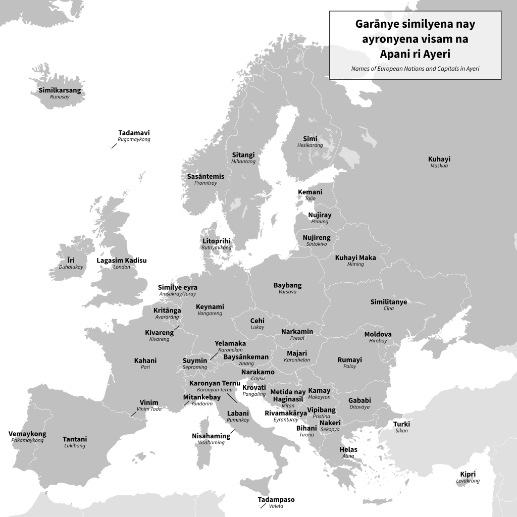 Names of European Nations and Capitals in Ayeri
