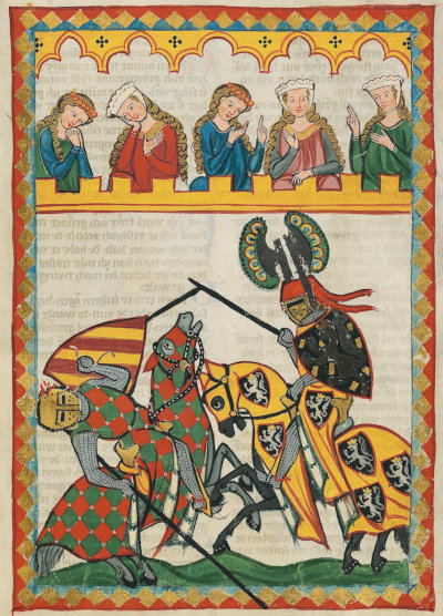 Late-medieval book illustration. Two knights in full armor on horses fighting each other with spears. The left knight and his gray horse are wearing matching red-green checkered cloaks, the one on the right and his black horse are wearing likewise matching yellow cloaks with black shields upon which a left-facing prancing silver lion with a golden crown is depicted. The spear shaft of the right knight is broken as the knight on the left is on the verge of falling off his struggling horse, sporting a head injury with blood gushing in spite of his helmet and apparently parrying the blow with his shield. Five damsels in simple blue, red, pink, and green dresses, three of which with white bonnets, are watching the fight from a balcony. The two on the left gesture as though adoring their favorite (or taking pity on the loser?), the three on the right as though in discussion.