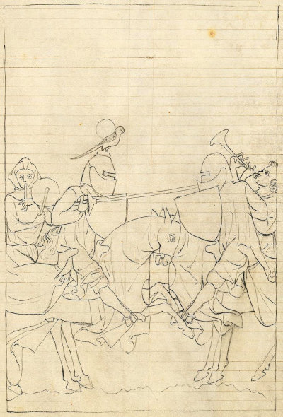 Line drawing of two knights running against each other with spears in full armor on horses. A gleeman on the left beats a shouldered drum with a stick and is playing a flute with the other hand, another on the right blows a cornett (?).